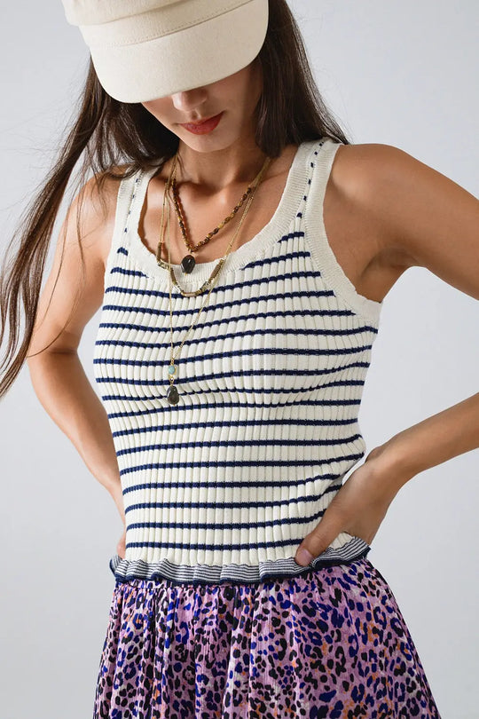 Striped Cream Tank Top With Ruffle Trim - Sweaters