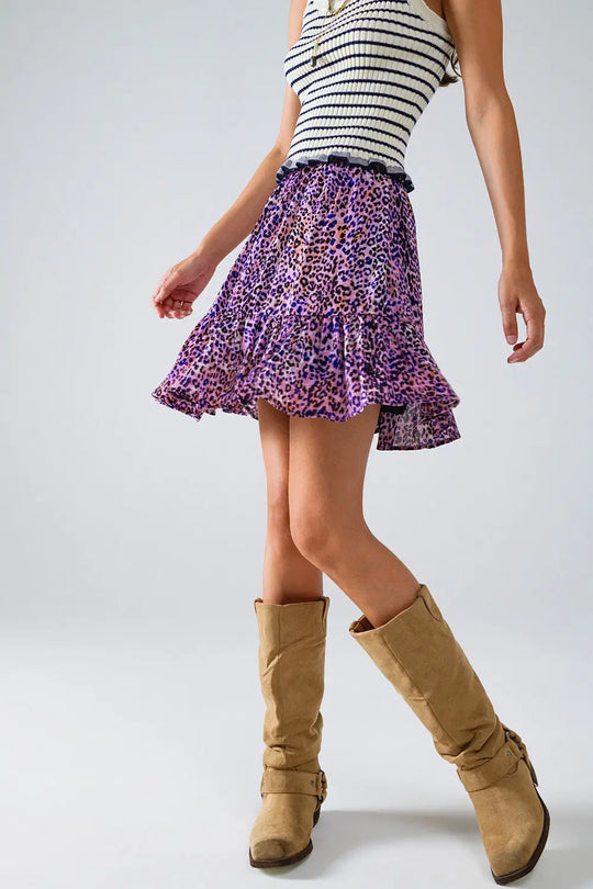 Animal Print Purple Mini Skirt With Ruffle - Skirts