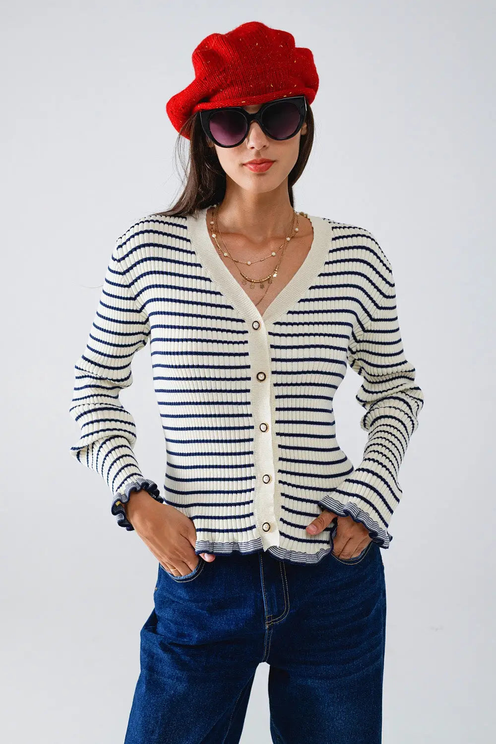 Striped Cardigan in Cream with Ruffle Trim - Cardigans