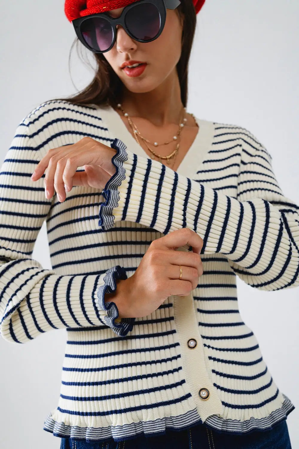 Striped Cardigan in Cream with Ruffle Trim - Cardigans
