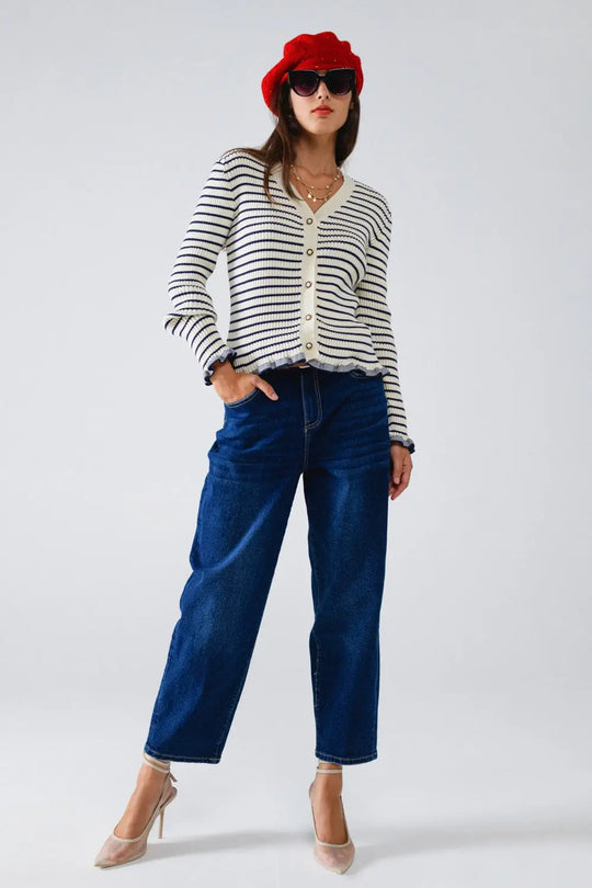 Striped Cardigan in Cream with Ruffle Trim - Cardigans