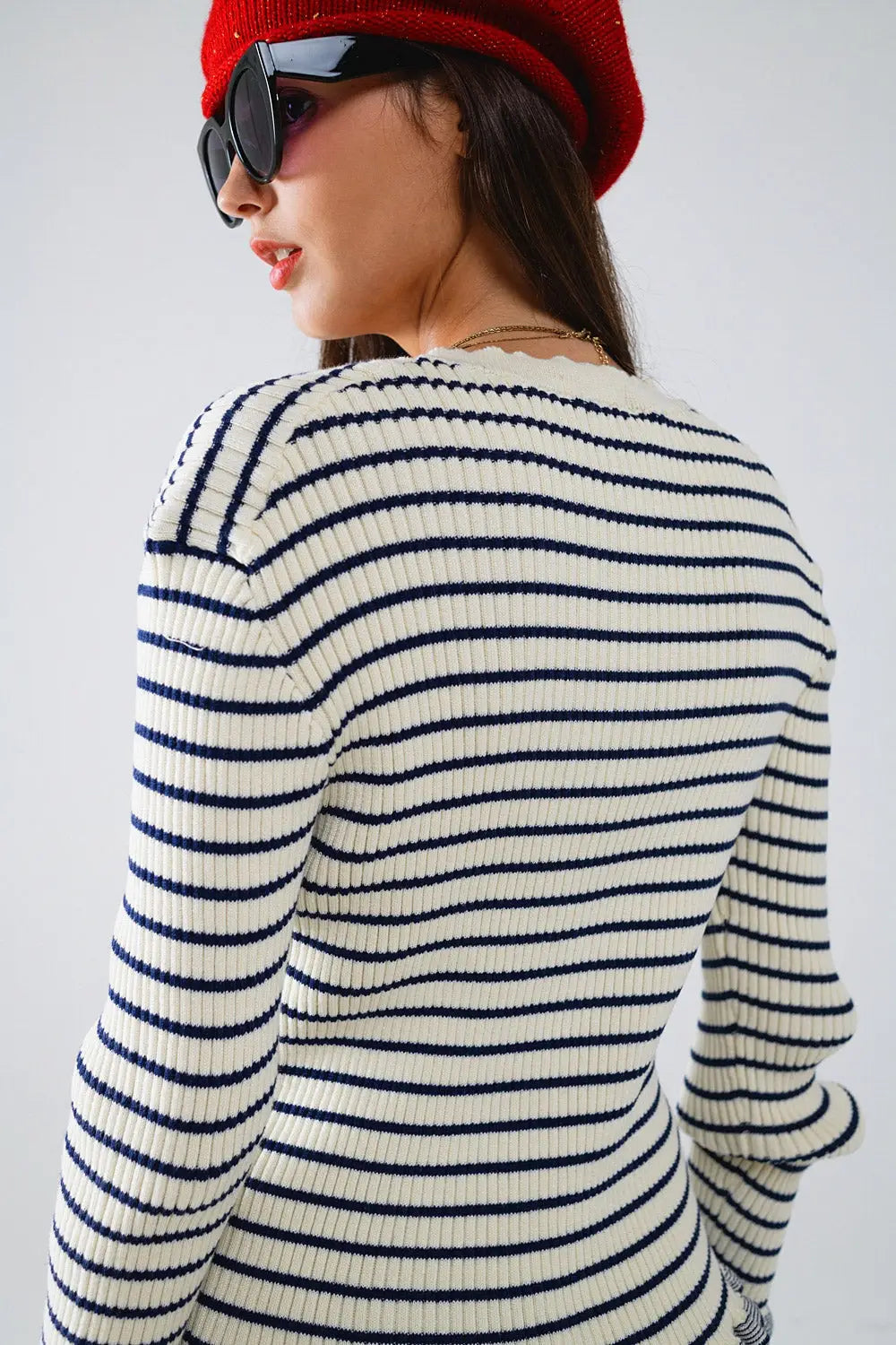 Striped Cardigan in Cream with Ruffle Trim - Cardigans