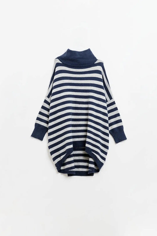 High Neck Oversized Sweater With Bat Wings and Stripes in navy and grey - NAVY / ONE - Sweaters