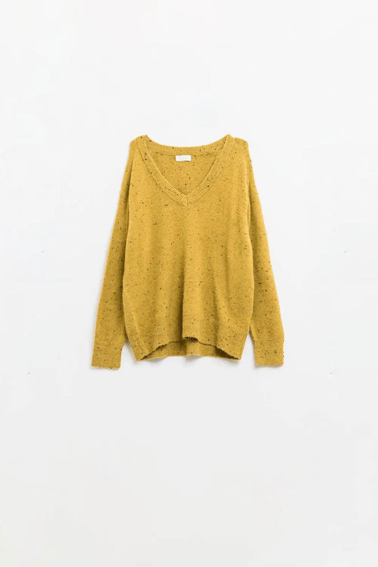V-neck relaxed fit Speckled Sweater in Mustard Yellow - YELLOW / ONE - Sweaters