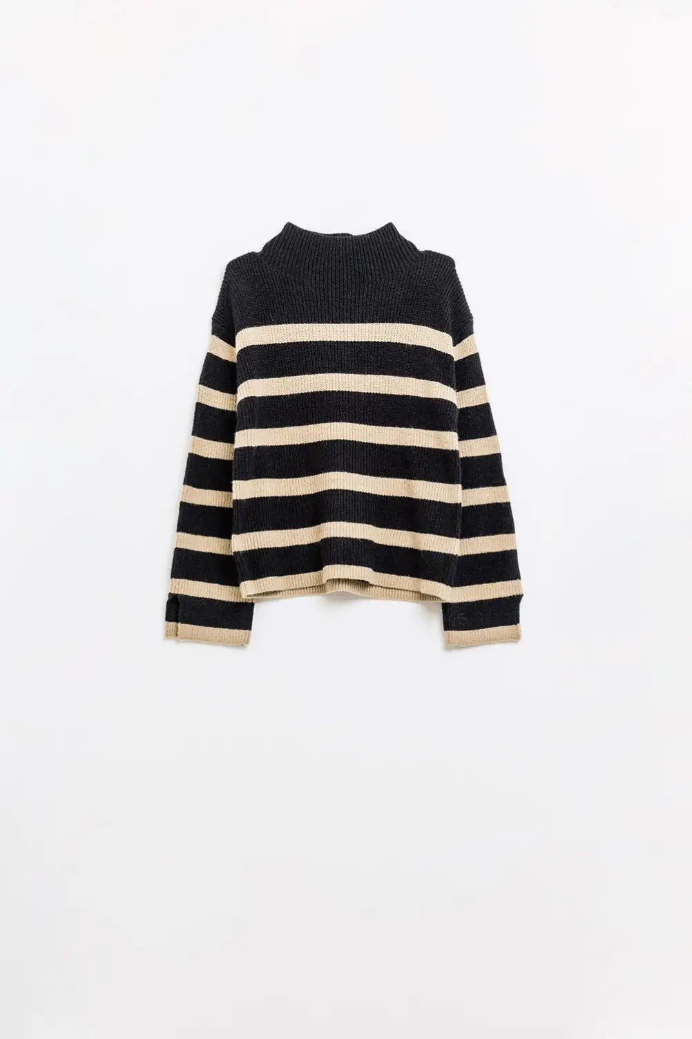 Ribbed knit jersey in black with camel stripes - BLACK / ONE - Sweaters