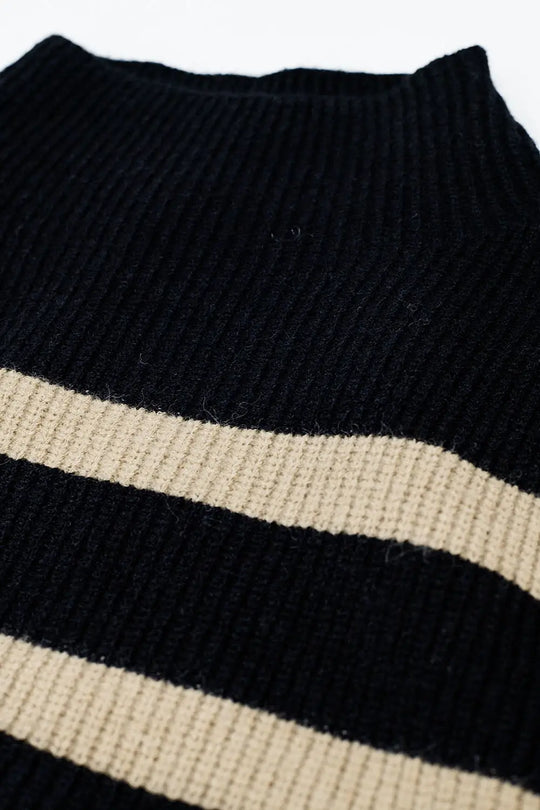 Ribbed knit jersey in black with camel stripes - BLACK / ONE - Sweaters