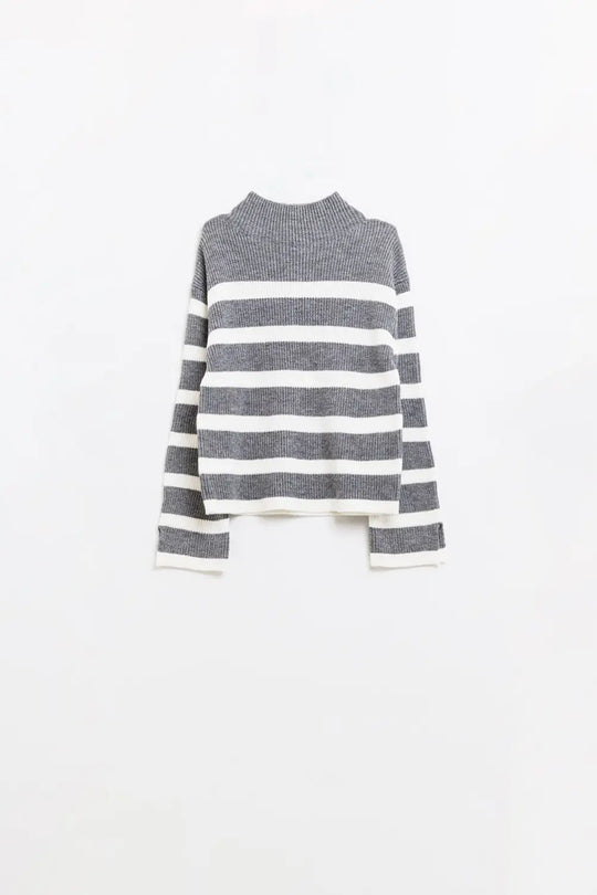 Ribbed knit jersey in grey with cream stripes - GRAY / ONE - Sweaters
