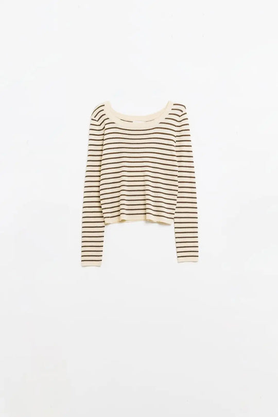Beige striped fine knit sweater with boat neck - Sweaters