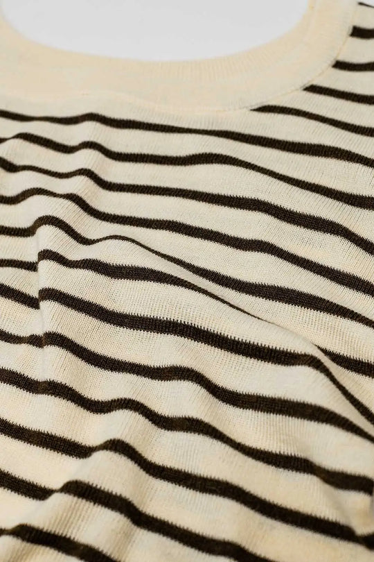 Beige striped fine knit sweater with boat neck - Sweaters