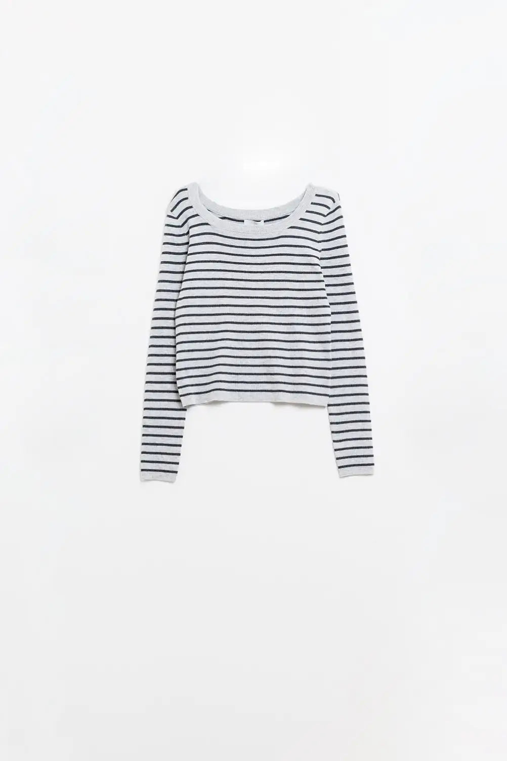 Grey striped fine knit sweater with boat neck - Sweaters