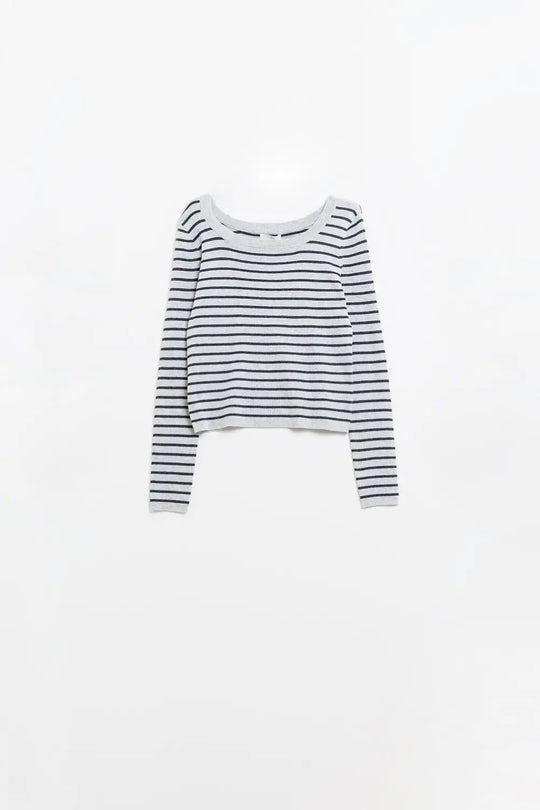 Grey striped fine knit sweater with boat neck - Sweaters