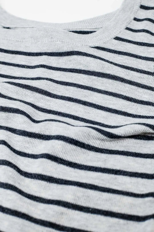 Grey striped fine knit sweater with boat neck - Sweaters