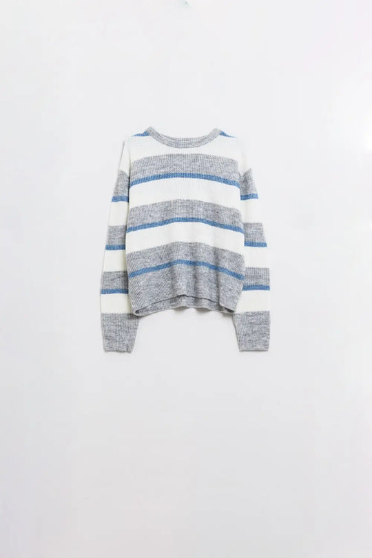 Grey jersey with ecru and blue stripes - Sweaters