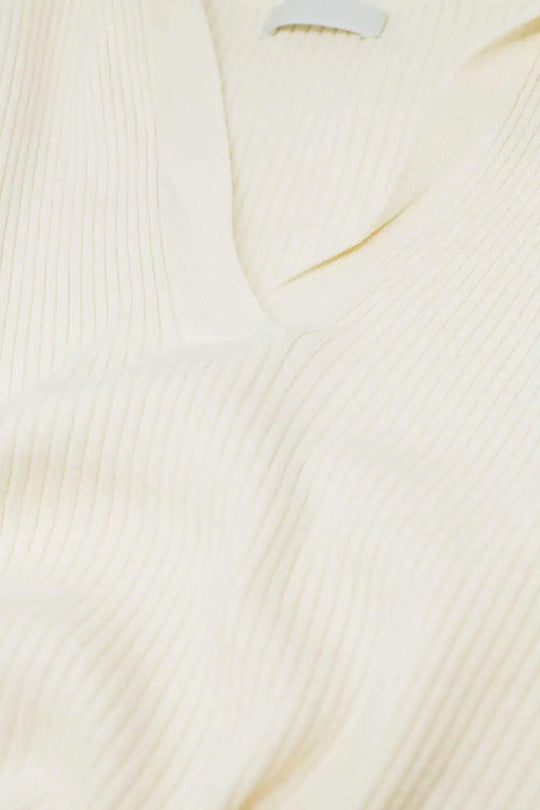 cream Collared Rib sweater With Long Sleeves - Sweaters