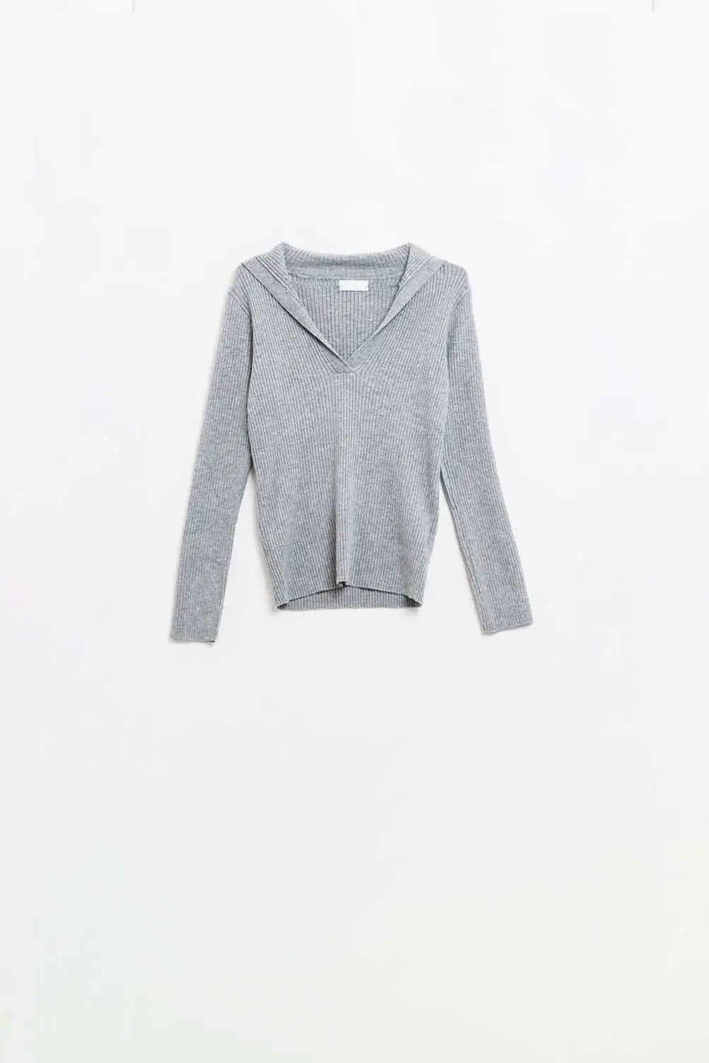 Grey Collared Rib Top With Long Sleeves - Sweaters