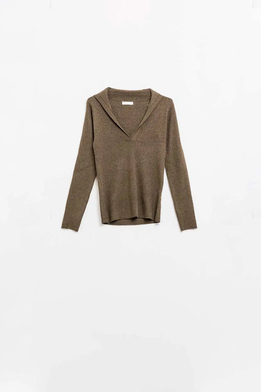 Brown Collared Rib Top With Long Sleeves - Sweaters