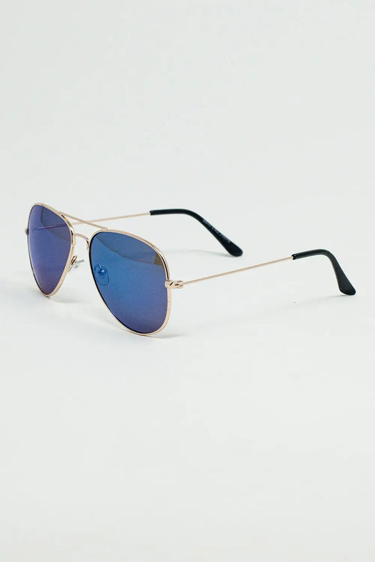 Retro Aviator Sunglasses With Blue Smoke Lense and Golden Frame - GOLD / ONE - Sunglasses