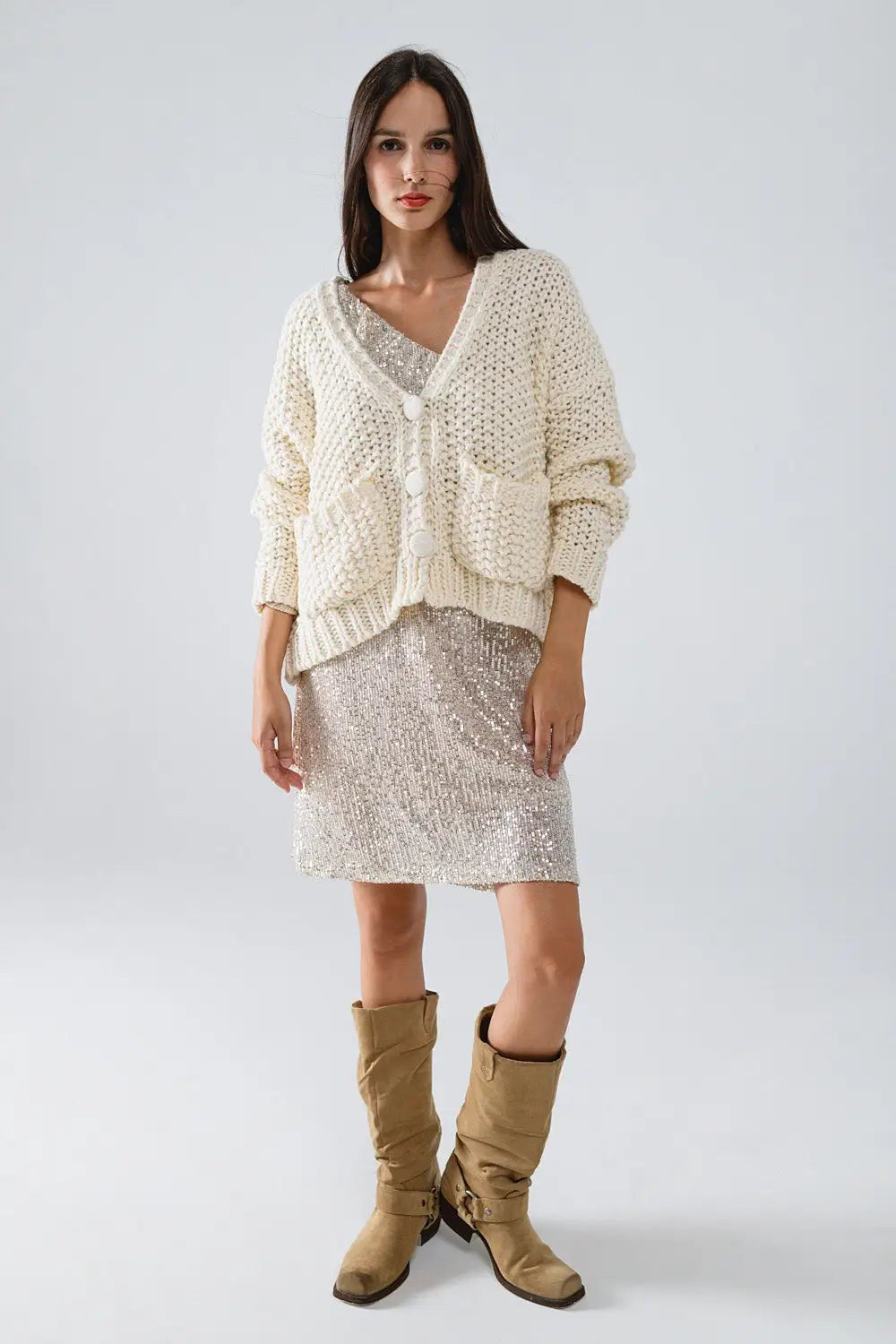 Oversized beige chunky knit jacket with pockets - CREAM / ONE - Cardigans