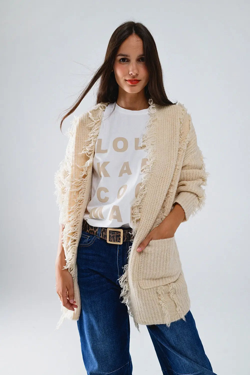 Ecru Boho Distressed Cardigan With Front Pockets - CREAM / ONE - Cardigans