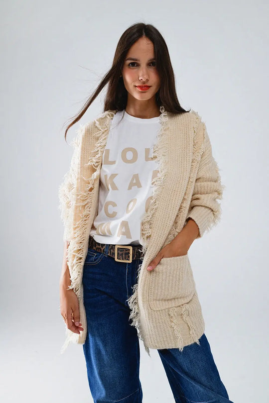 Ecru Boho Distressed Cardigan With Front Pockets - CREAM / ONE - Cardigans