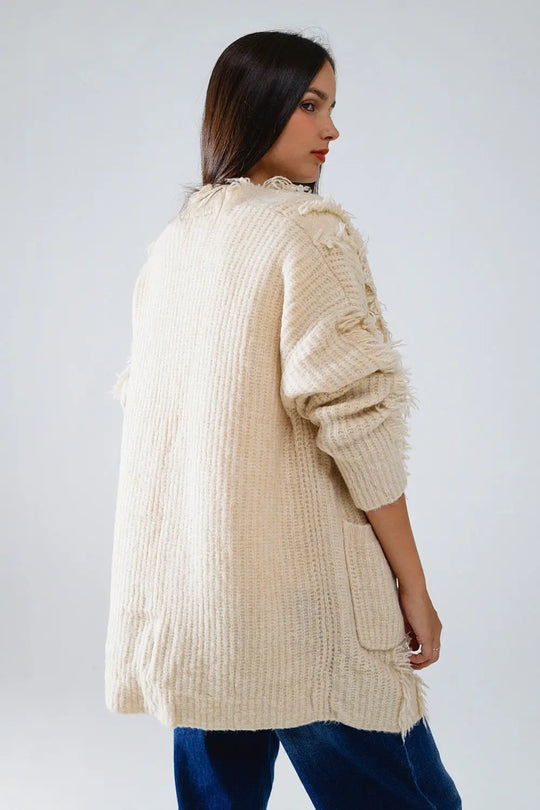 Ecru Boho Distressed Cardigan With Front Pockets - CREAM / ONE - Cardigans