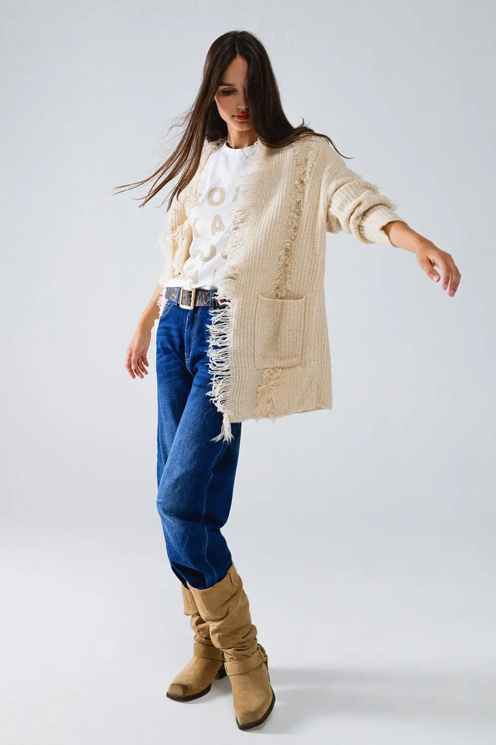 Ecru Boho Distressed Cardigan With Front Pockets - CREAM / ONE - Cardigans