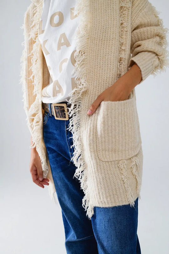 Ecru Boho Distressed Cardigan With Front Pockets - CREAM / ONE - Cardigans