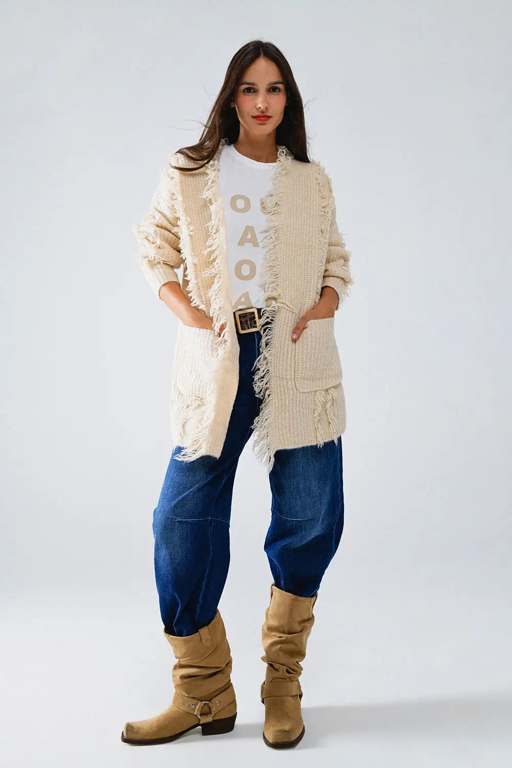 Ecru Boho Distressed Cardigan With Front Pockets - CREAM / ONE - Cardigans