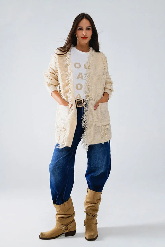 Ecru Boho Distressed Cardigan With Front Pockets - CREAM / ONE - Cardigans