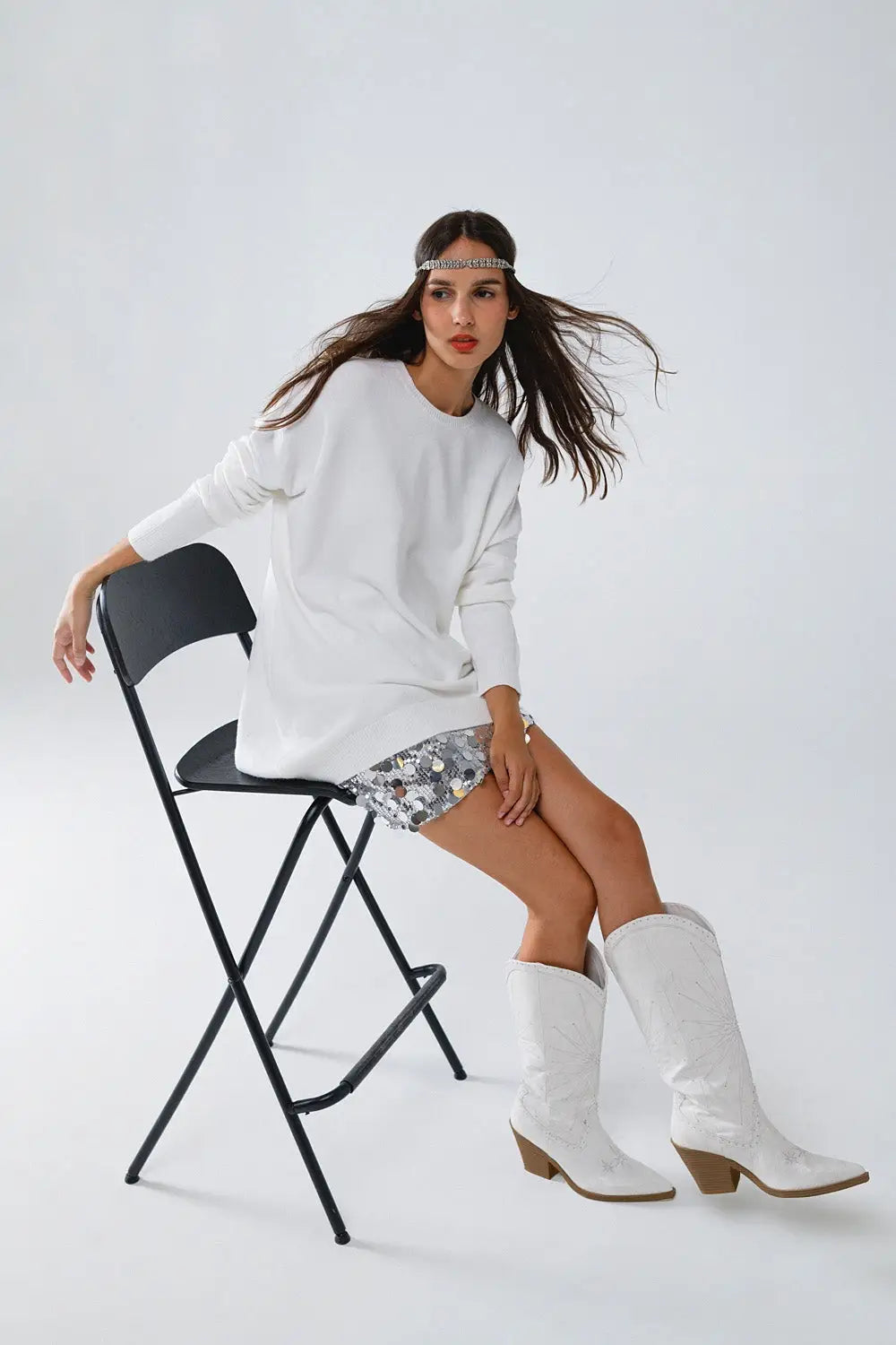 Oversized Crew Neck Long Sleeve Sweater in White - CREAM / ONE - Sweaters