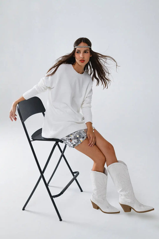 Oversized Crew Neck Long Sleeve Sweater in White - CREAM / ONE - Sweaters