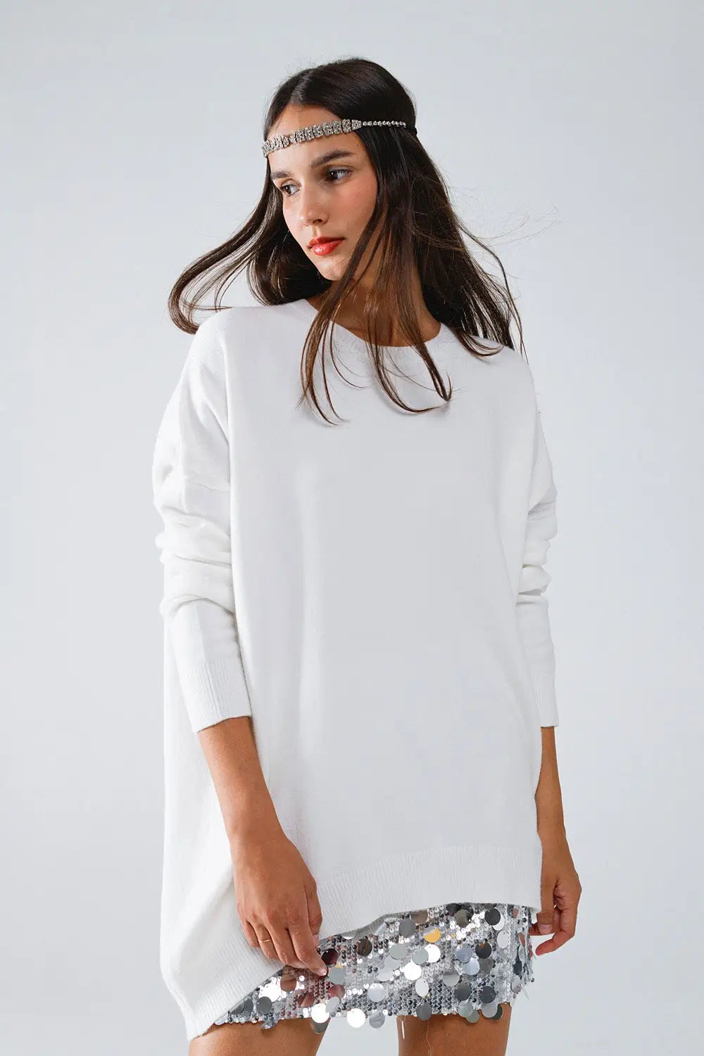 Oversized Crew Neck Long Sleeve Sweater in White - CREAM / ONE - Sweaters