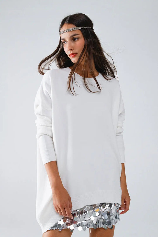 Oversized Crew Neck Long Sleeve Sweater in White - CREAM / ONE - Sweaters