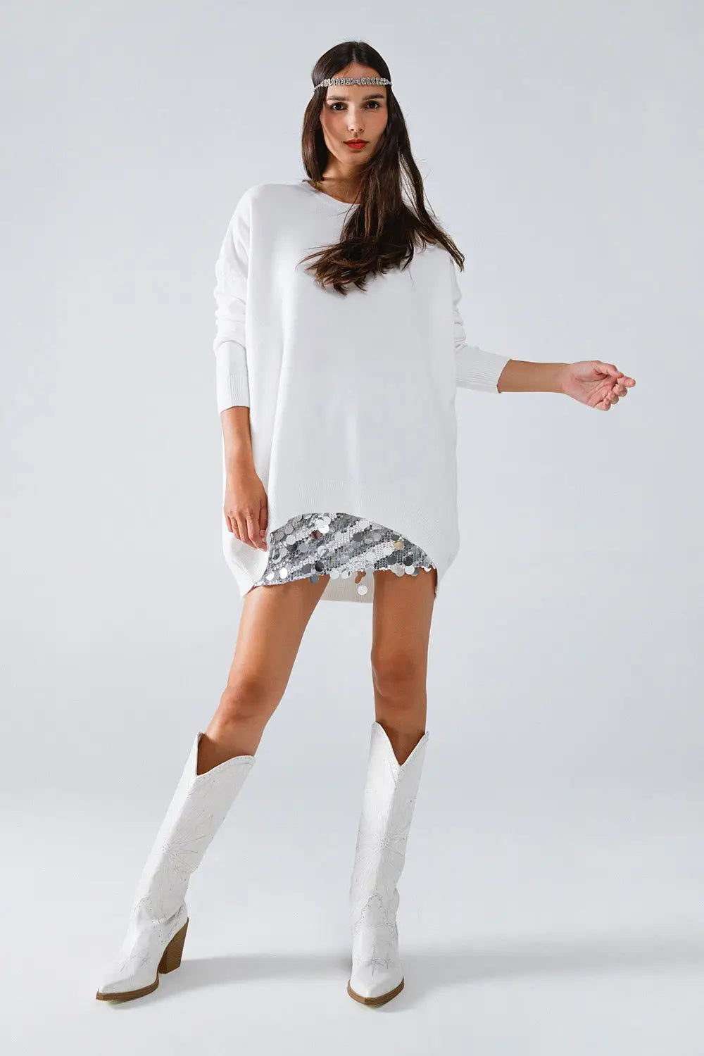 Oversized Crew Neck Long Sleeve Sweater in White - CREAM / ONE - Sweaters