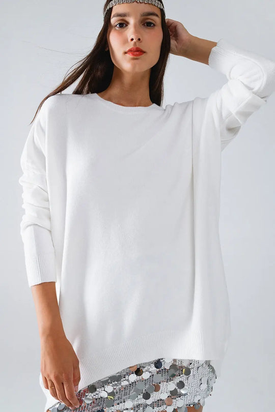 Oversized Crew Neck Long Sleeve Sweater in White - CREAM / ONE - Sweaters