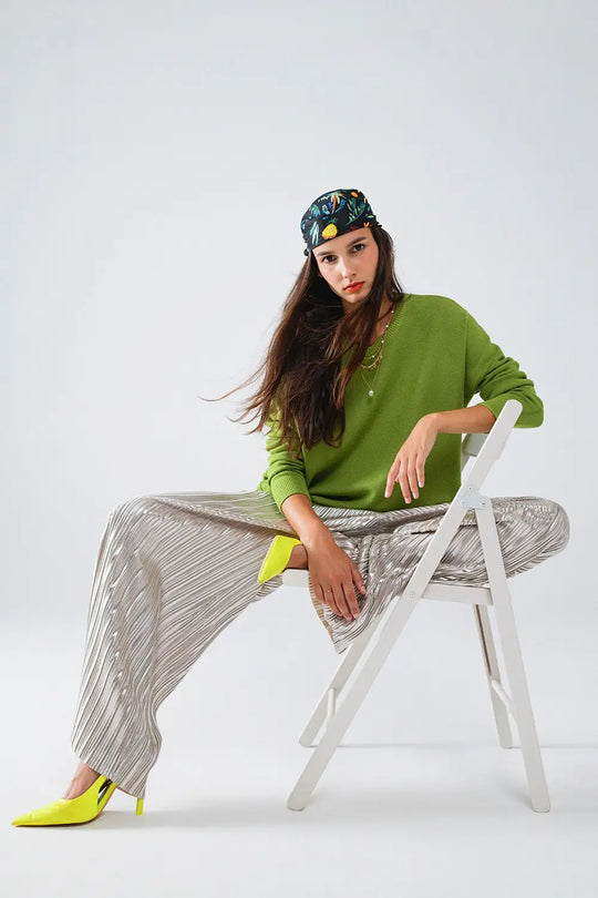 Oversized Crew Neck Long Sleeve Sweater in Olive Green - GREEN / ONE - Sweaters