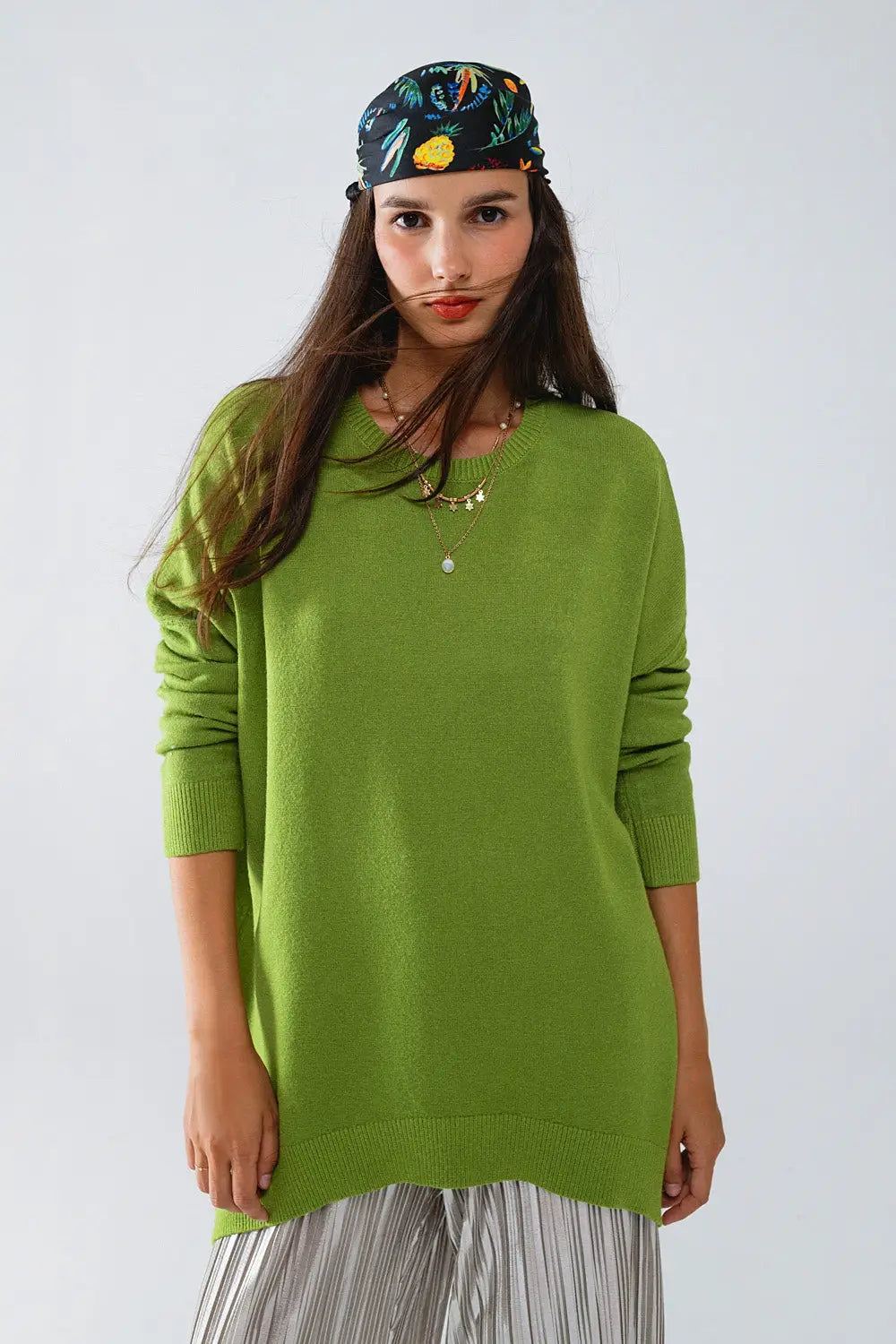 Oversized Crew Neck Long Sleeve Sweater in Olive Green - GREEN / ONE - Sweaters