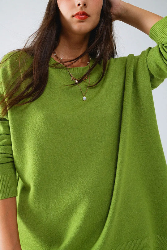 Oversized Crew Neck Long Sleeve Sweater in Olive Green - GREEN / ONE - Sweaters
