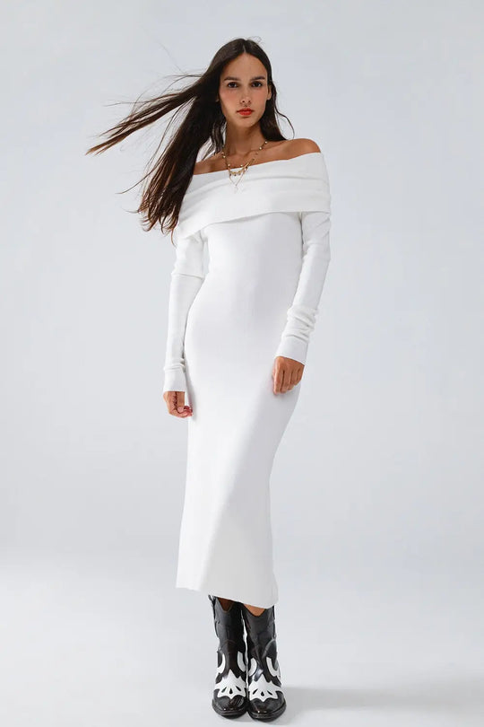 Maxi Knitted Foldover Badot Dress in white - CREAM / ONE - Dresses