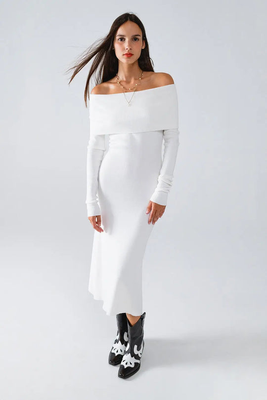 Maxi Knitted Foldover Badot Dress in white - CREAM / ONE - Dresses