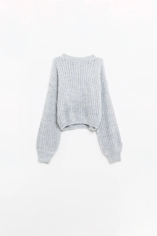 Light grey chunky knit sweater with balloon sleeves - GRAY / ONE - Sweaters