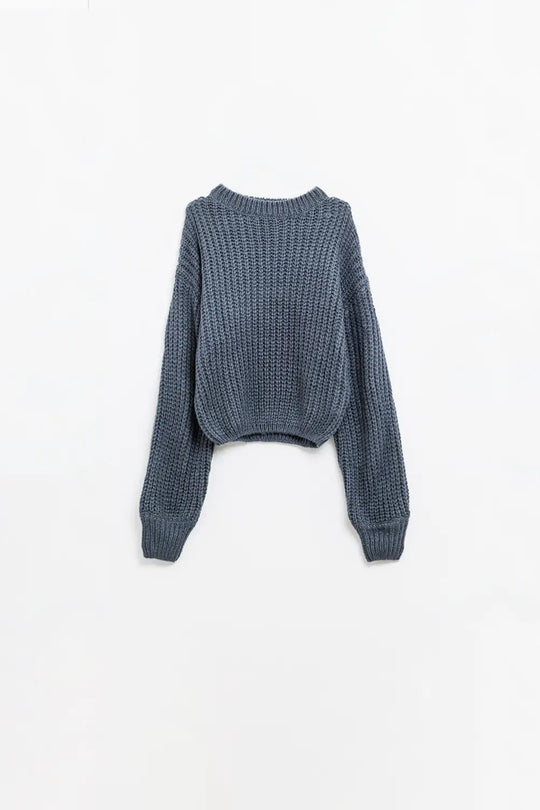 Dark grey chunky knit sweater with balloon sleeves - GRAY / ONE - Sweaters