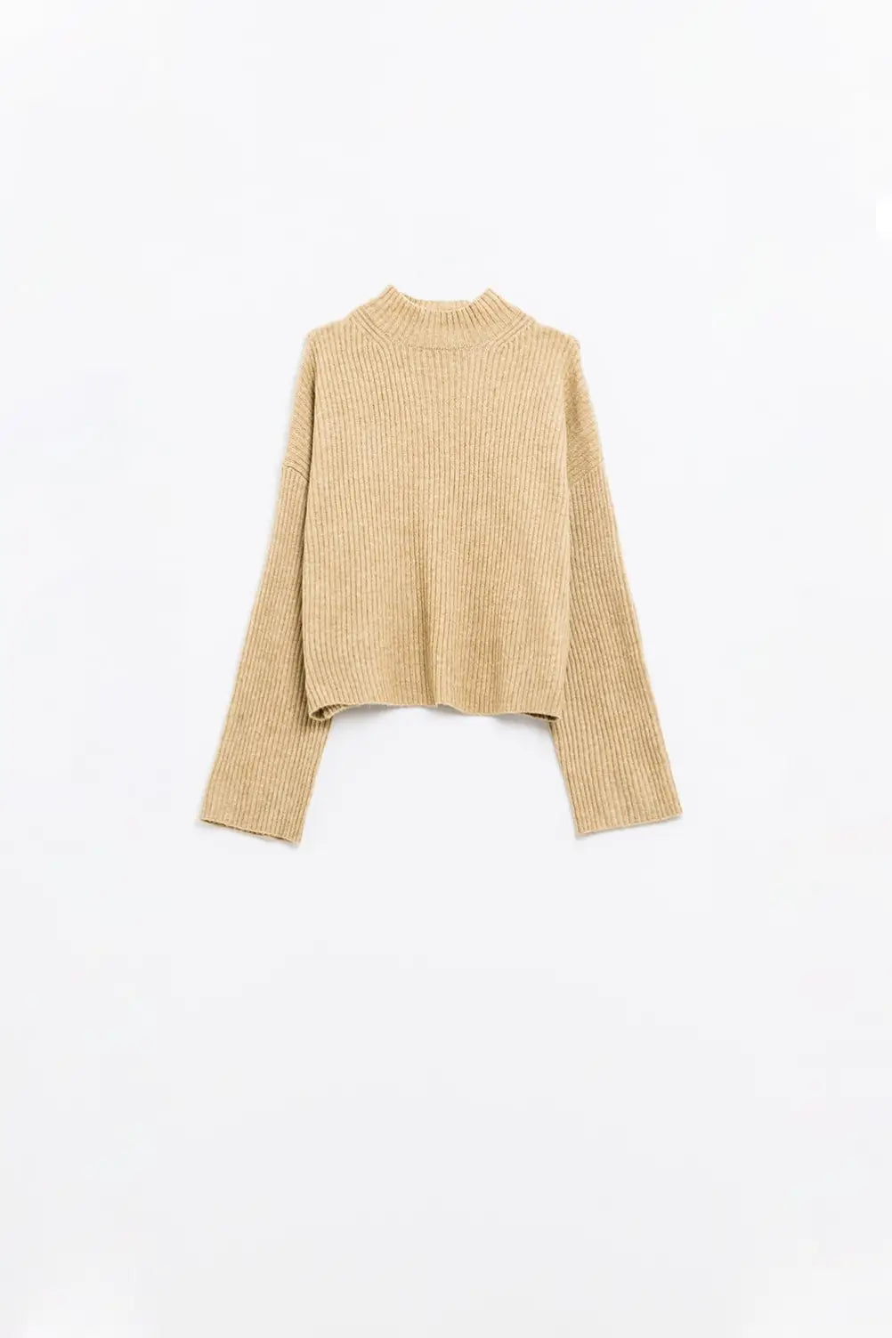 relaxed beige ribbed high neck sweater - Sweaters