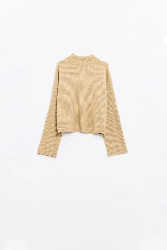 relaxed beige ribbed high neck sweater - Sweaters