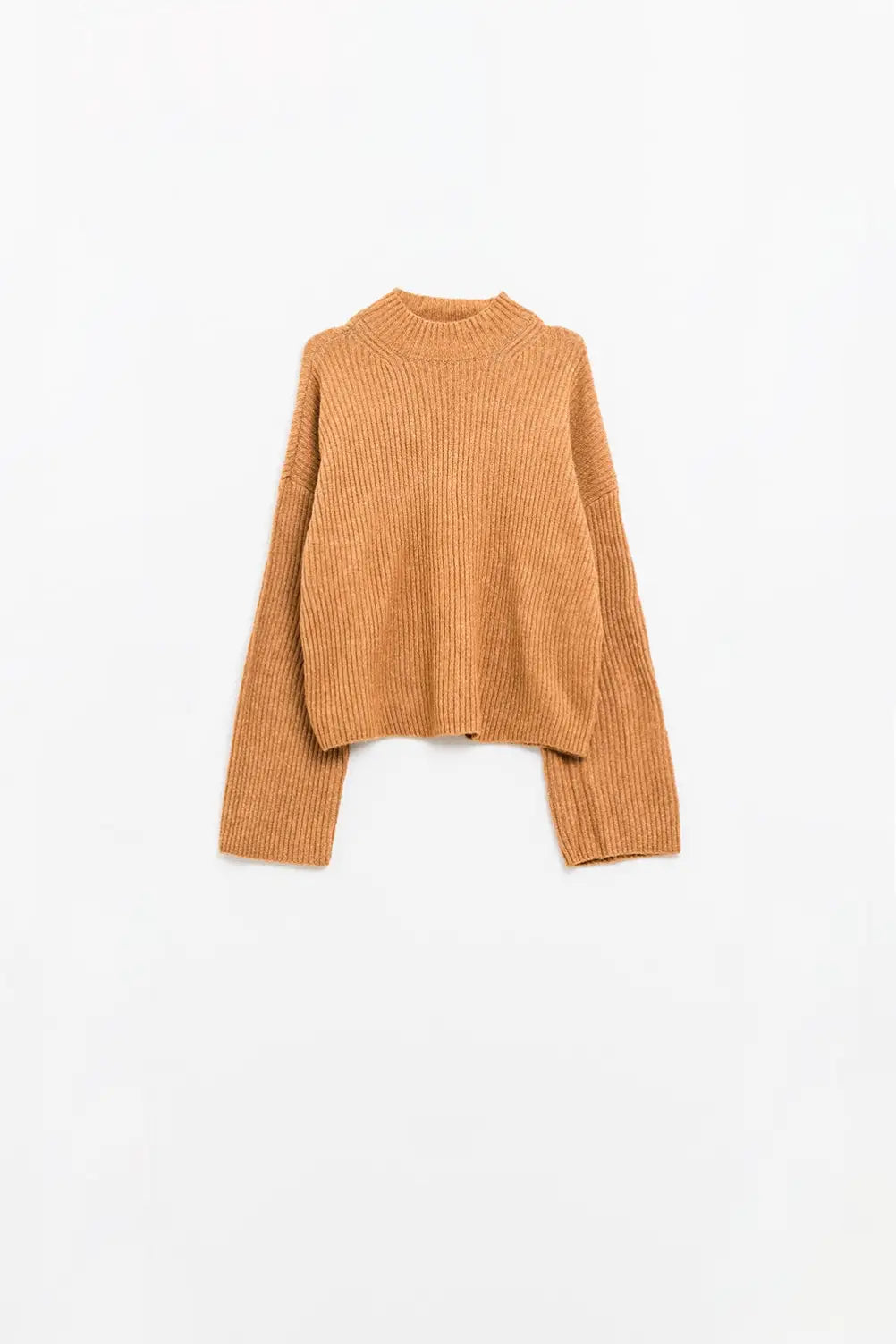relaxed camel ribbed high neck sweater - Sweaters