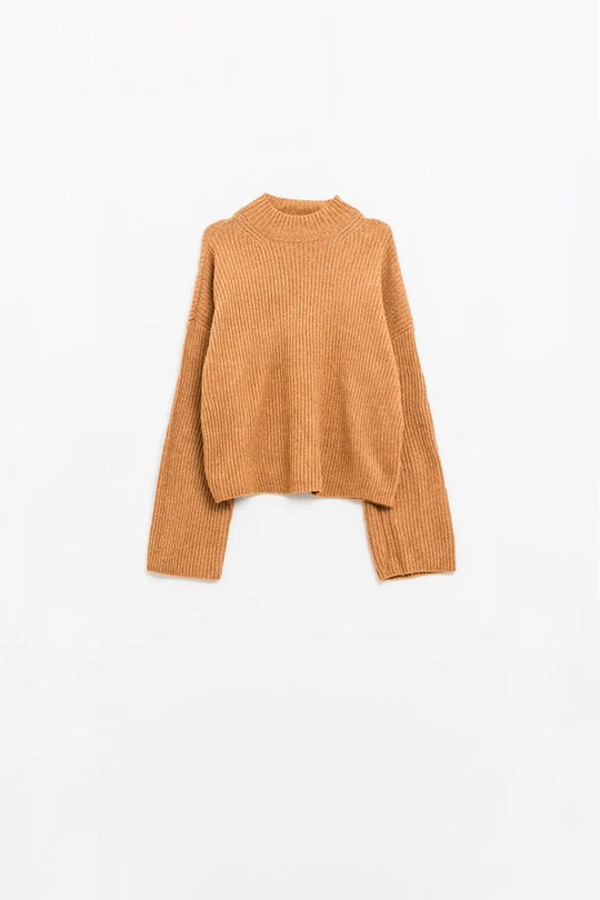 relaxed camel ribbed high neck sweater - Sweaters