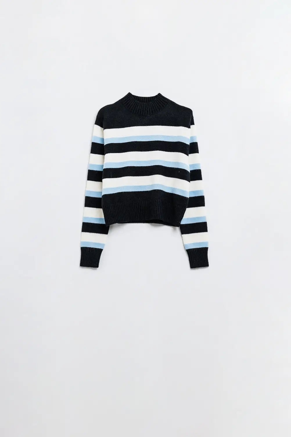 Black sweater with blue and white stripes and a high neck - Sweaters