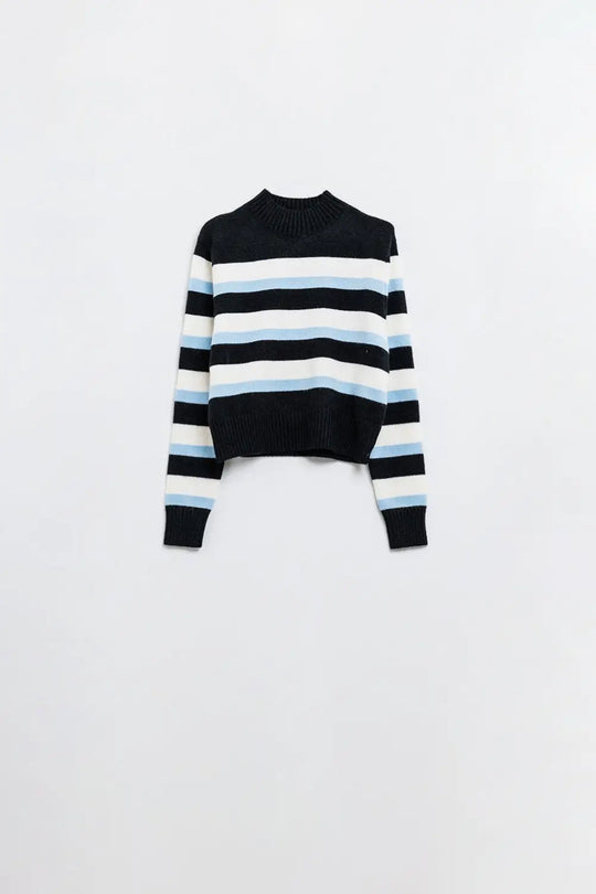 Black sweater with blue and white stripes and a high neck - Sweaters