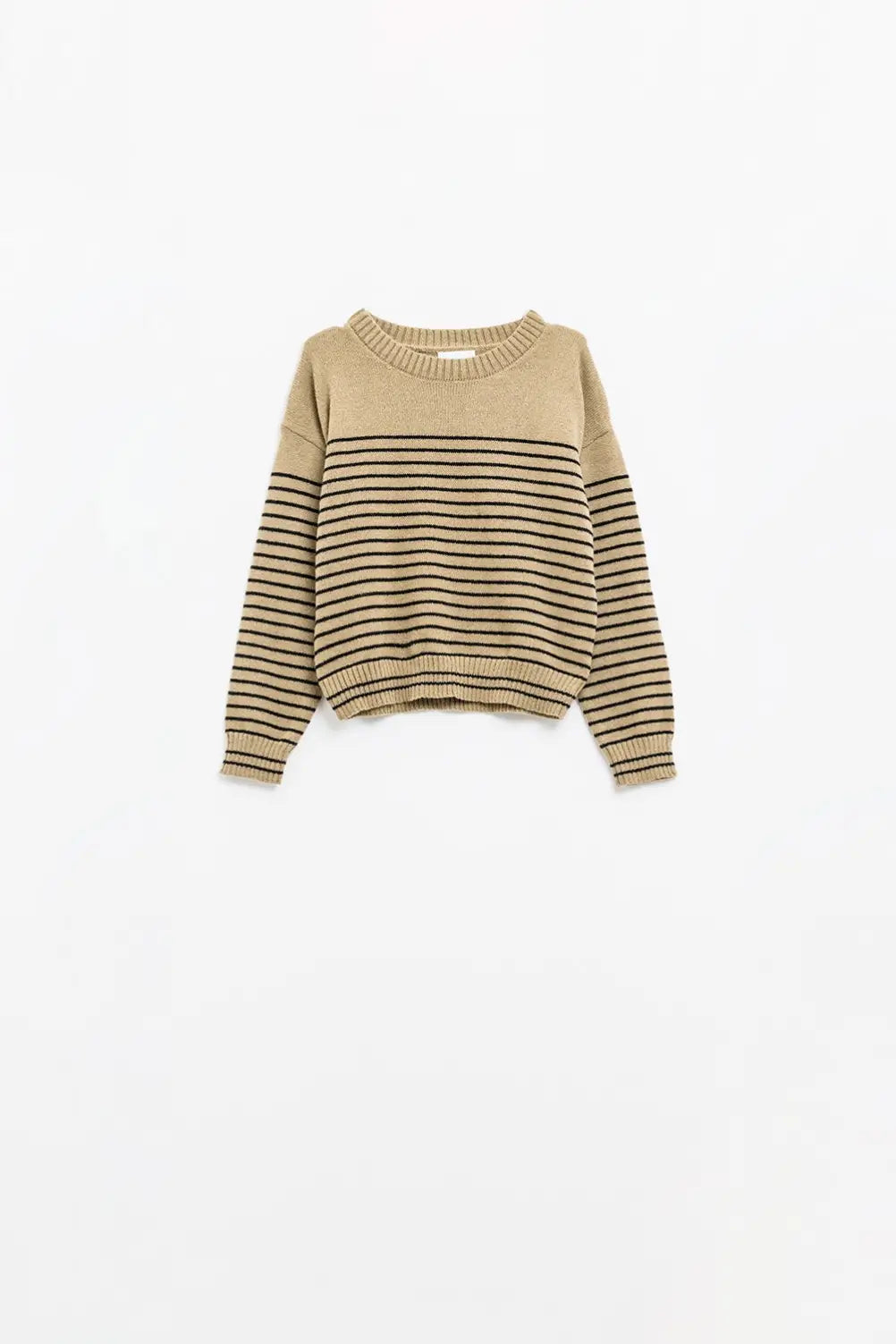 Beige sweater with black stripes and boat neck - Sweaters
