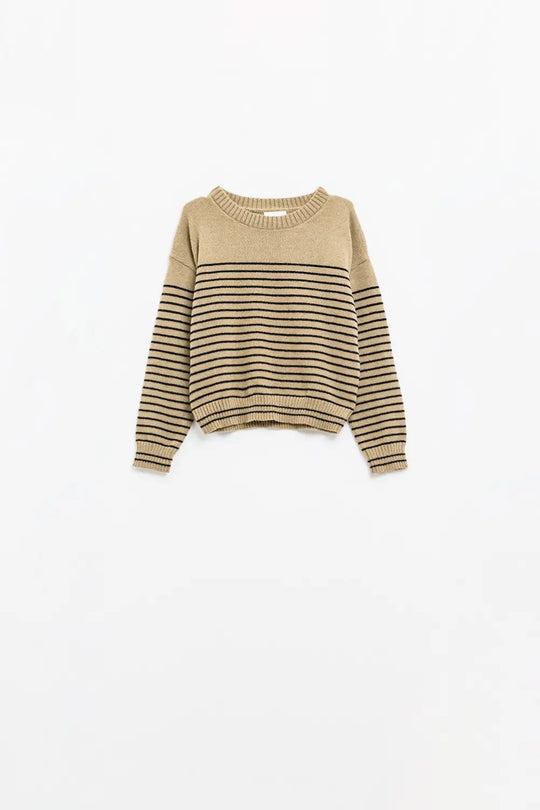 Beige sweater with black stripes and boat neck - Sweaters